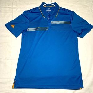 Men’s Adidas Golf Polo. Size M. Blue with Yellow & Black Stripes. Logo on Right.